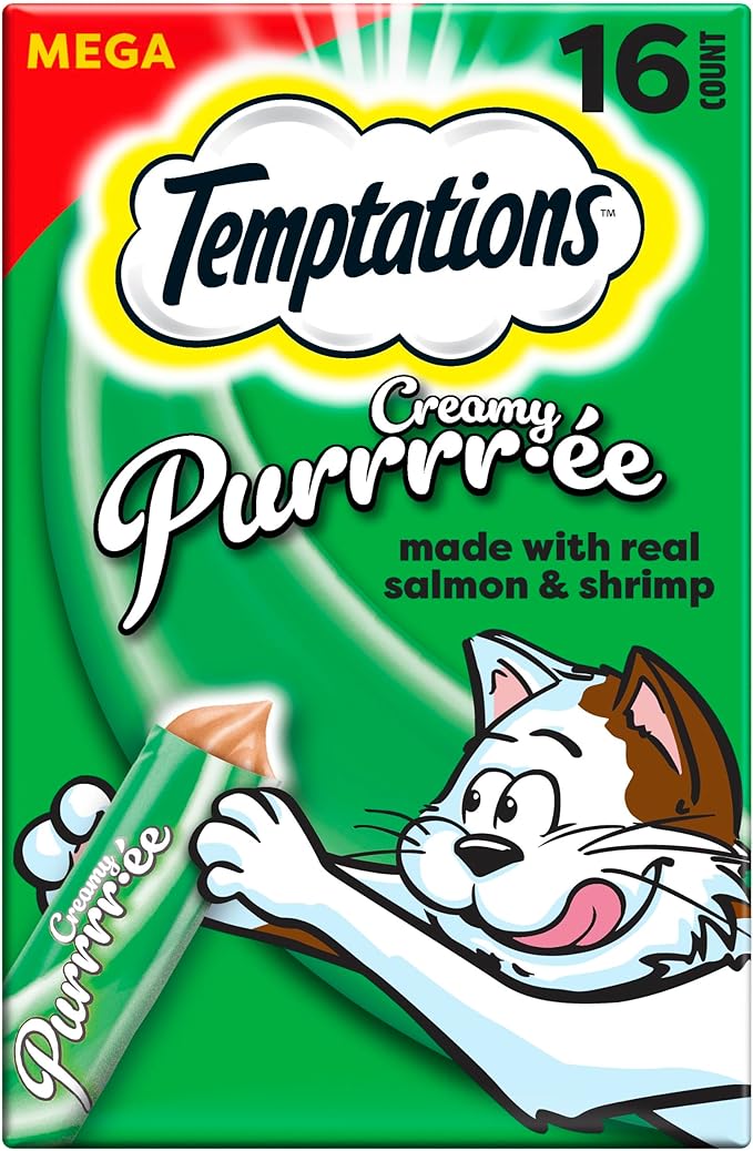 Temptations Creamy Puree Squeezable Lickable Cat Treats, Wet Cat Treats with Salmon and Shrimp, 0.42 oz. Tubes, 16 Count