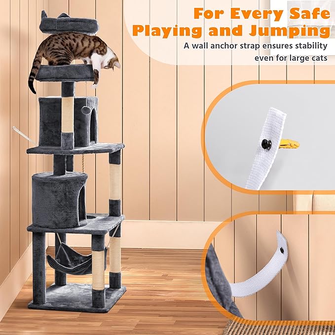 Yaheetech 70.5in Cat Tower, Multi Level Cat Tree Kitten Condo with 2 Condos & 2 Plush Perches & Scratching Post & Dangling Ball for Medium/Large Cats Dark Gray
