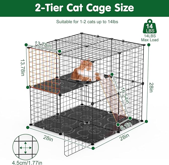 2 Tier Cat Cage, Indoor Cat Enclosures, DIY Cat Playpen Detachable Metal Wire Kennels Cats Crate Kitten House with Climbing Ladders 2 Doors Large Exercise Place for 1-3 Cats/Kitten, 28"x28"x28"