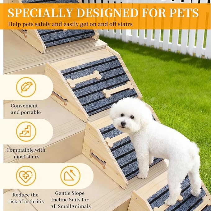 2-Pack Wooden Dog Ramp for Stairs - with Carpet Surfac with Anti-Slip Bone Strips. Small Dogs-Natural Pine Wood Pet Step Ramp&Assist for Senior, Injured Pets, Porch Steps Indoor Use