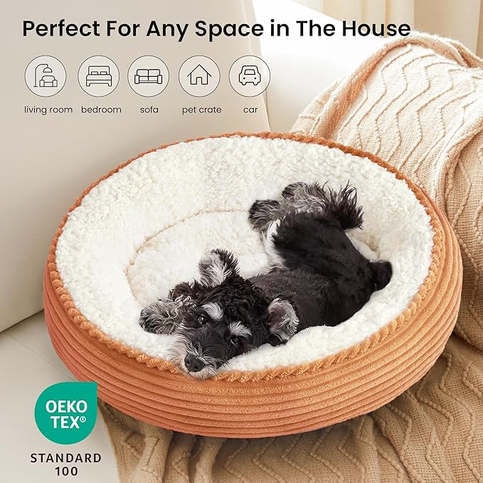 Love's cabin Round Donut Cat and Dog Cushion Bed, 25in Pet Bed for Small or Medium Dogs, Anti-Slip & Water-Resistant Bottom, Soft Durable Fabric Pet Beds, Washable Calming Cat Bed Orange Stripe