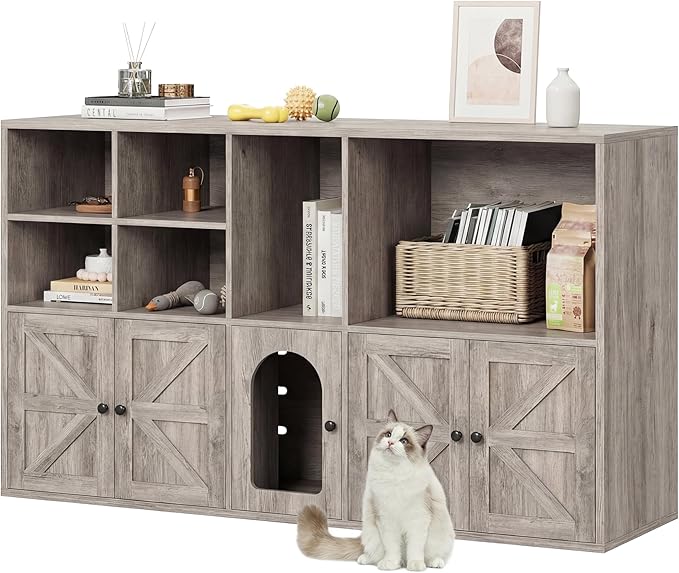 IRONCK Cat Litter Box Enclosure for 2 Cats, Litter Box Furniture Hidden with Double Room and Large Storage Space, Wooden Washroom Furniture, Cat House, Greige