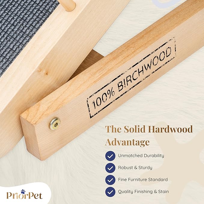 Dog ramp for Bed - PRIORPET Birchwood Adjustable Ramp for Dogs to Get on Bed: Dog ramps for High Beds up to 37 Inches – Foldable Ramp, Anti-Slip Grip & Safety Rails, Small Dogs Up to 120lbs – Natural