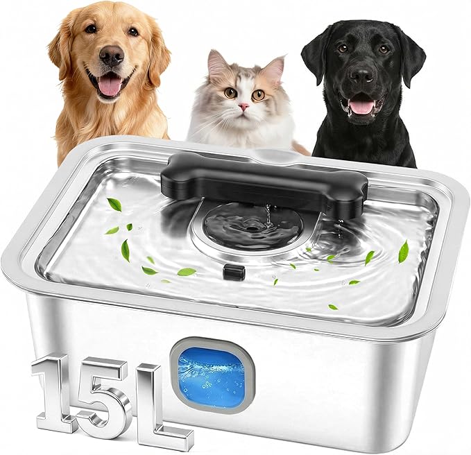 Large Water Fountain for Dog, 4Gallon Stainless Steel Pet Drinking Dispenser Automatic Fresh Flow Bowl Inside with Filter, 15L Extra Huge Refillable Water Dispenser Indoor