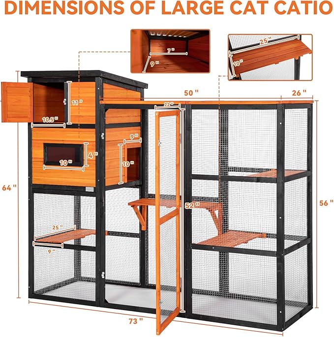 Petsfit Catio Outdoor Cat Enclosure, Cat Catio Outdoor with 4 Tries, 2 Resting Room, 4 Platforms and Waterproof Roof, Orange