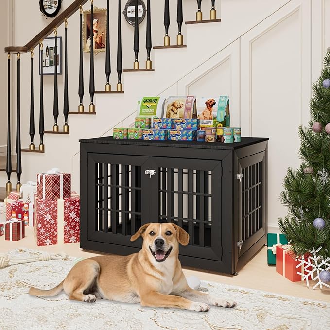 42" Heavy Duty Dog Crate Furniture for Small,Medium and Large Dogs,Rustic Wooden Dog Cage Kennel Indoor Furniture with Waterproof Top,Decorative Pet House Side End Table (Black)