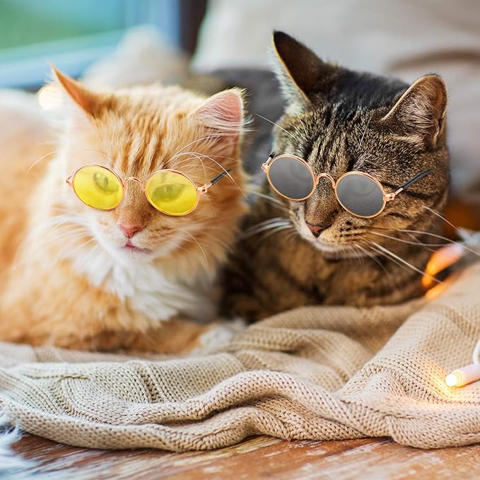10 Pieces Cat Dog Sunglasses Funny Pet Glasses Round Metal Small Classic Retro Sunglasses Pet Hippie Cute Dog Cat Cosplay Party Costume Photo Props Cosplay Glasses(Mixed Color)