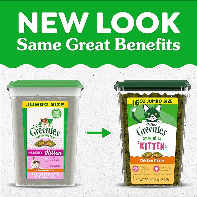 Greenies Feline Smartbites Healthy Kitten Treats for Indoor Kittens, Crunchy and Soft Natural Cat Treats, Chicken Flavor, 16 oz. Tub