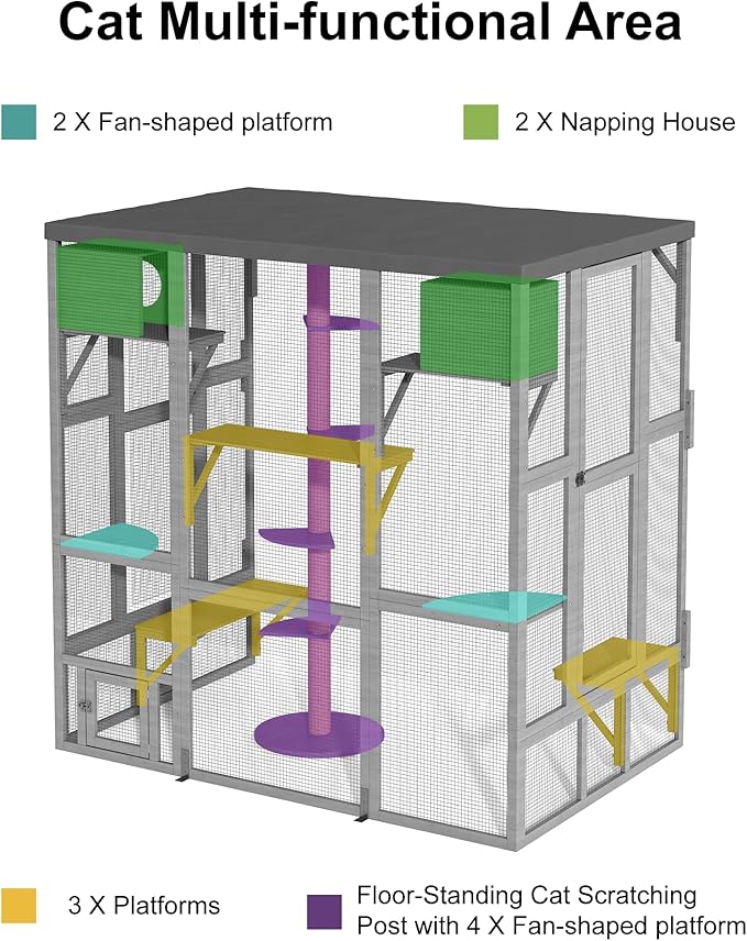 Large Catio Outdoor Cat Enclosure, Wall-Mounted Window Catio for Multiple Cats with Cats House, Multi-Level Platform, Scratching Post and Waterproof Cover, Outside Kitty Enclosure, Grey