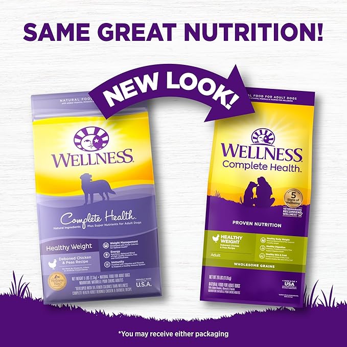 Wellness Complete Health Healthy Weight Adult Dry Dog Food, Wholesome Grain Kibble, Chicken and Peas Recipe, 26 lb Bag