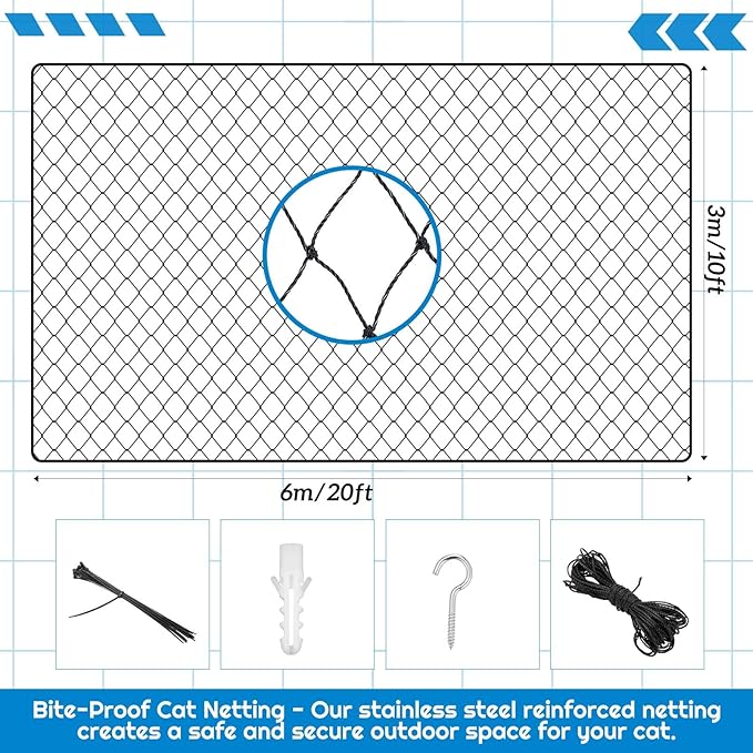Steel Cat Netting Balcony, 10ft x 20ft Steel Reinforced Cat Wire for Balcony, High Strength Safety Pet Netting for Catio, Proof Screen for Pets, Strong Catio Protection Barrier Mesh Fence