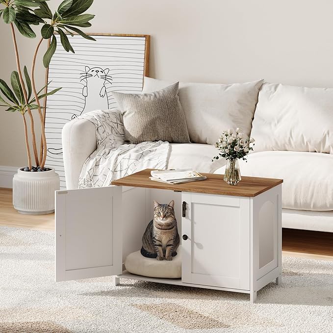 HOOBRO Litter Box Enclosure, Cat Litter Box Furniture with Removable Divider, Hidden Litter Box Furniture, Wooden Cat House, End Side Table, 31" L x 17.5" W x 19.7" H, White and Walnut WH03MW01G2