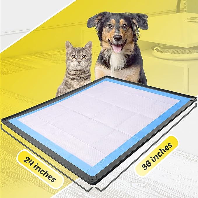 TidyFriend Dog Pee Pad Holder Tray Fits for 24” x 36” Pee Pads with Corner Lock Holes, Raised Edges, Non-Spill, Easy to Clean Silicone Dog Potty Tray Holder, for Indoor Floor Protection (Grey)