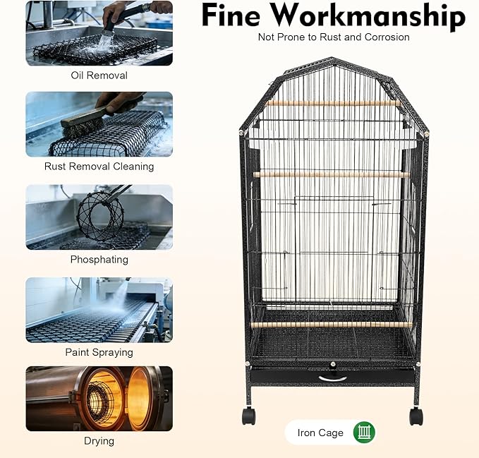 Large Bird Cage, Movable Pet Bird Flight Cages with 5 Doors Wheels, Panorama Bird Aviary Indoor with Stand 17.9x17.9x39.9in, Fit for a Canary, Finch, Cockatiels, Conures, Parrot, Lovebirds