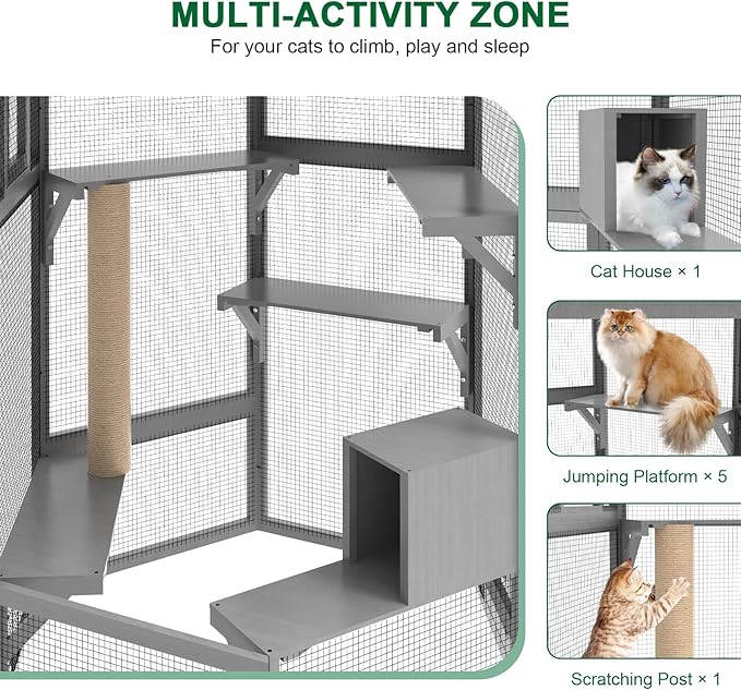 Catio Outdoor Cat Enclosure, Indoor Cat Enclosure with Window Access, Wooden Outdoor Cat Catio with Waterproof Cover, Cat House & Platform for Multiple Cats, Grey