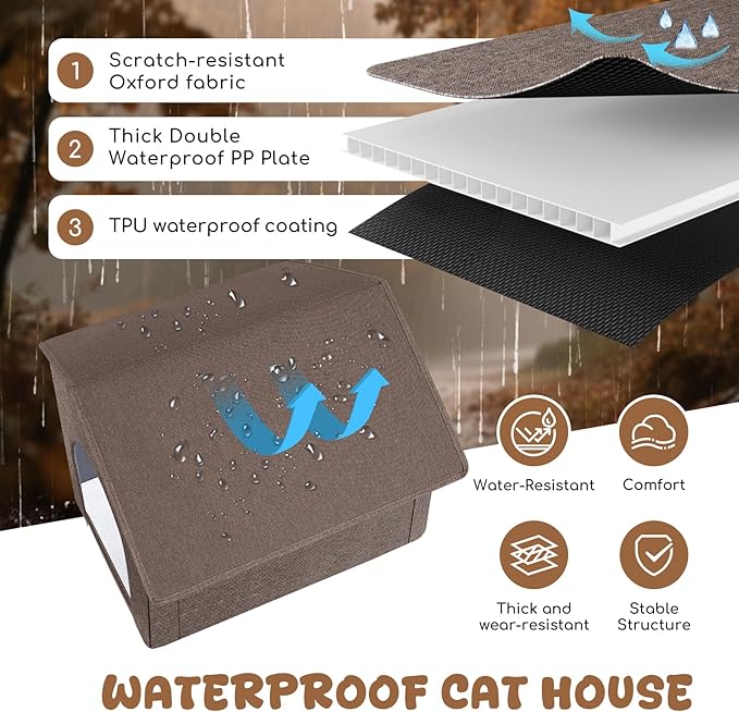 Outdoor Cat House Weatherproof, Insulated Cat Dog Houses for Outdoor/Indoor Cats for Winter, Waterproof Feral Stray Cat Shelter with Warm Cushion for All Seasons, Easy to Assemble, Brown