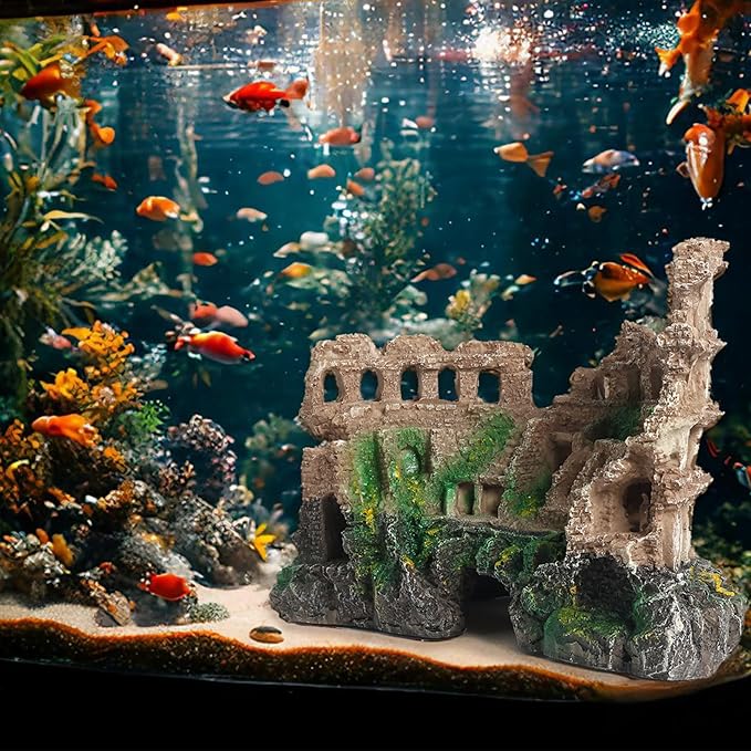 Large Antique Roman Column Ruins Castle Aquarium Decor - Fish Tank Cave Hideout Decorations, Resin European Castle Ornament Safe for Freshwater & Saltwater Tanks