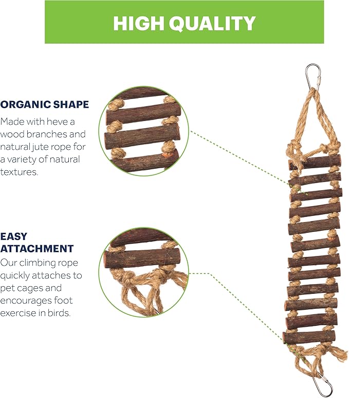 Prevue Pet Products Naturals Rope Ladder Bird Toy, Wood Stairs Climbing Activity Attachment for Birdcage, Earth Tone Brown 62806