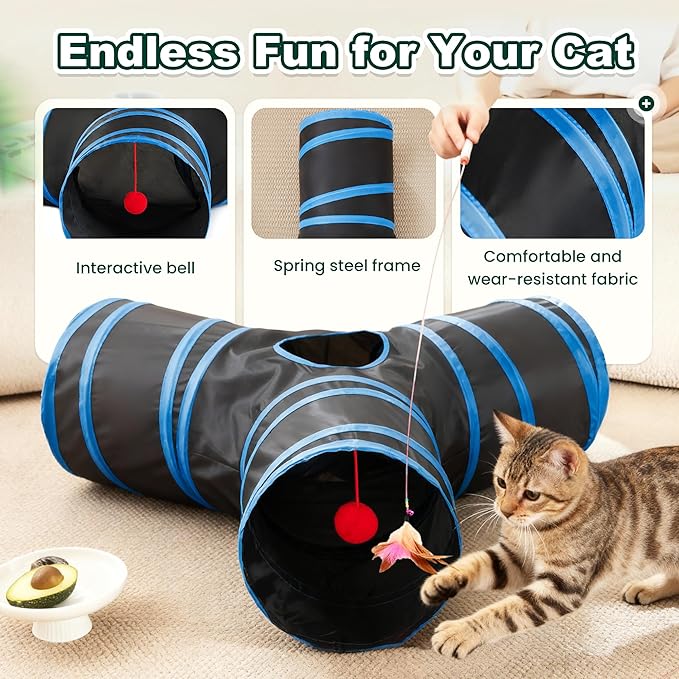 Love’s Cabin Cat Tunnel for Indoor Cats, 3-Way Collapsible Play Tunnel with Teaser Wand, Peek Holes & Toy Ball, Small Pet Toy for Kittens & Rabbits, Black & Royal Blue, Small Size