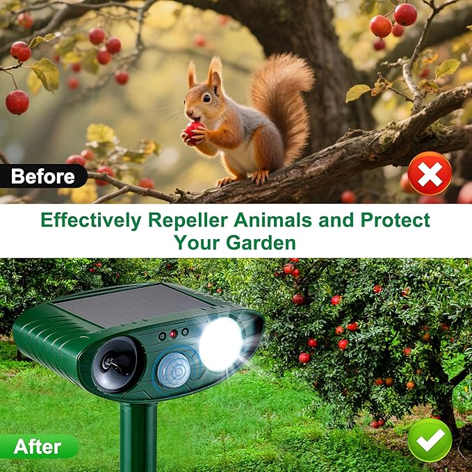 4 Pack Solar Animal Repeller for Raccoons, Deer & Squirrels - Ultrasonic & Strobe Light, Outdoor Deterrent for Cats, Dogs, Raccoons, Rabbits, Skunks, Foxes & More