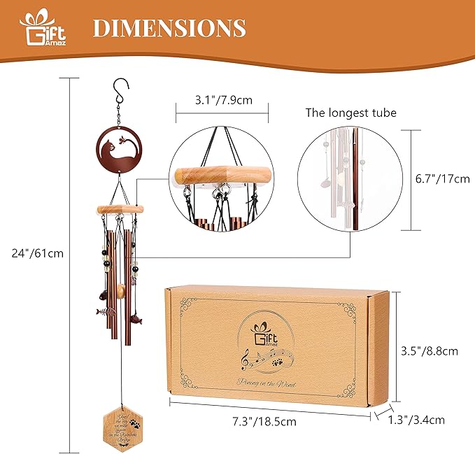 Cat Memorial Wind Chime, 24 Inch Pet Sympathy Wind Chimes for Outdoor Garden Patio Porch Decoration