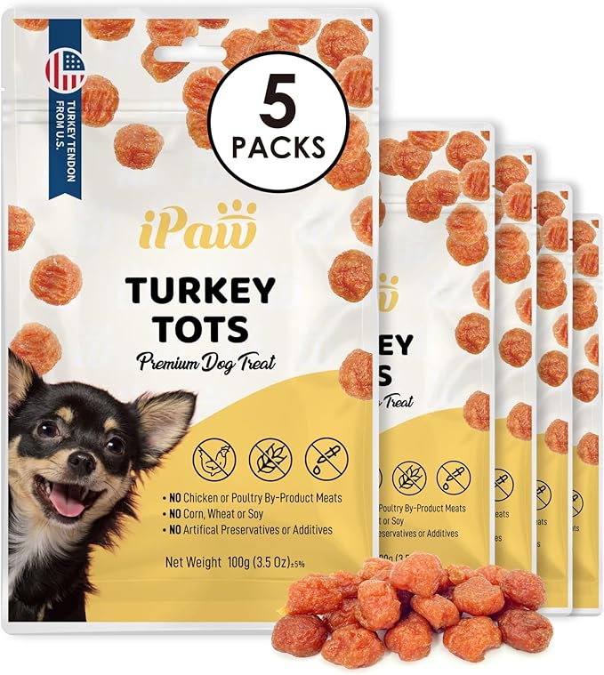 iPaw 5 Stock-Up Combo Turkey Tots Dog Treats for Puppy Training, All Natural Human Grade Dog Treat, US Sourced Raw Material, Hypoallergenic, Easy to Digest (Turkey Tots), 5 Packs