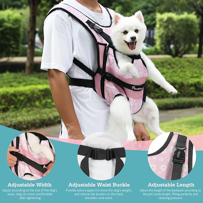 Pawaboo Pet Dog Front Carrier Backpacks, Legs Out Pet Carrier Backpack, Adjustable Easy-fit Dog Chest Carriers for Small Medium Dogs Hands Free for Travel Hiking Cycling Camping, XL, Pink Daisy