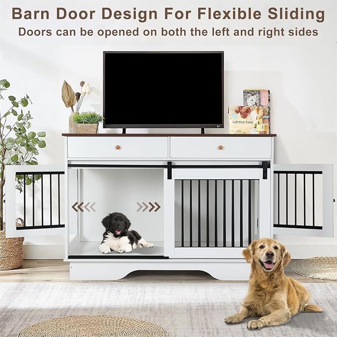 Dog Crate Furniture for 2 Dogs, Dog Kennel with 2 Storage Drawers & Divider, Large Double Dog Cage As TV Stand, Furniture Style Dog Crates with Sliding Barn Door (Brown & White)
