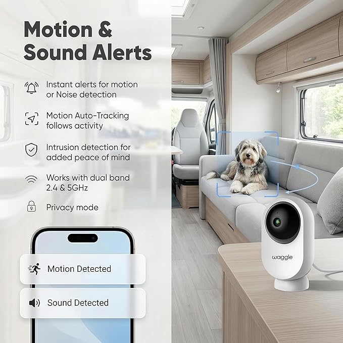 Waggle Dog Safety Bundle – Includes Temperature Monitor, Mini Camera (1080p HD, 128GB SD, 2-Way Audio) & WaggleCam 2K Camera with Treat Dispenser, Night Vision & AI Tracking