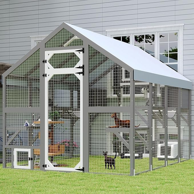 Extra Large Catio, Walk-in Outdoor Cat Enclosure with Weatherproof Cover, 8 Platforms & 2 Resting Boxes, Bridges & Window Connecting for Multiple Cats, Patio Backyard Pet Habitat