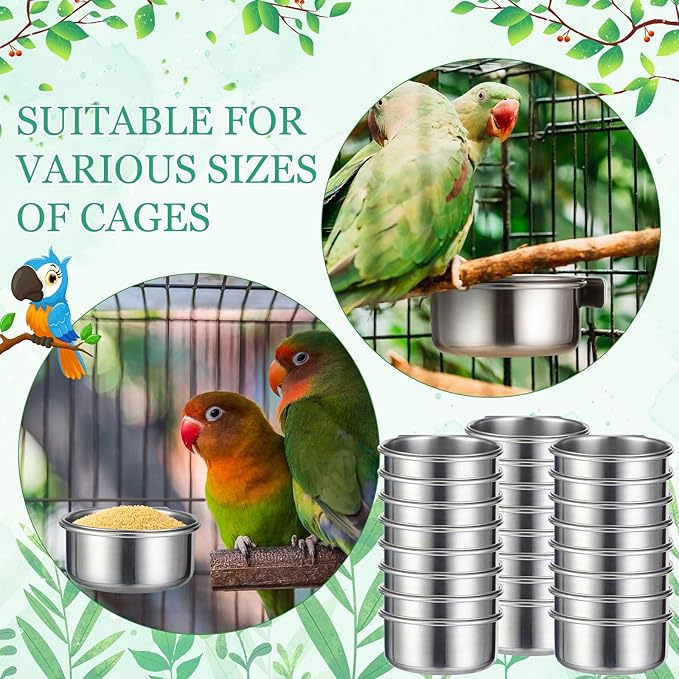 24 Pcs Stainless Steel Parrot Food Bowls Bulk 10 oz Bird Feeding Dish Cups for Cages Bird Bowls with Clamp Pet Water Feeders Cage Accessories for Parakeet Parrot Budgie Rabbit Chicken