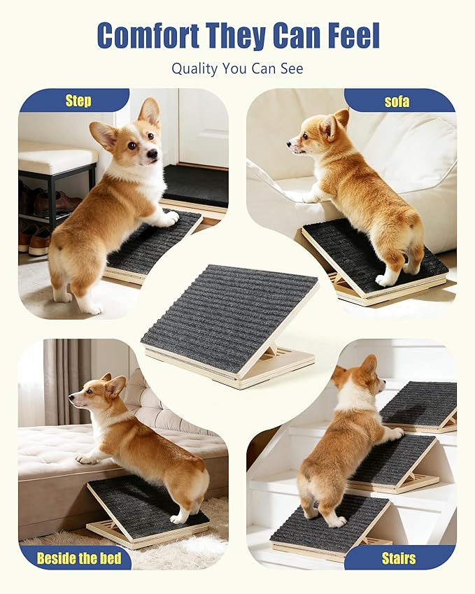 Dog Ramp for Stairs, 2 Pack Wooden Pet Steps for Small Dogs, Foldable Anti-Slip Stair Ramp for Senior, Short-Legged & Injured Pets, Adjustable Low-Angle Dog Stair Wedge
