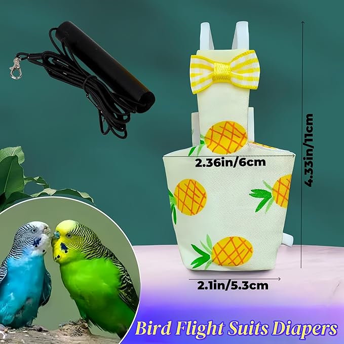 2Pcs Bird Diapers Bird Harness Flight Suits Diapers with 2Pcs 80 Inch Flying Leash Parrot Nappy Pigeon Pants Urine Wet Suit for Cockatiel Conure Macaw Budgies Parakeet-Apple&Pineapple