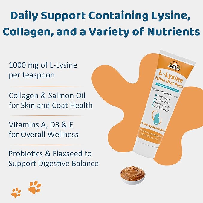 L-Lysine for Cats Oral Paste – Immune & Respiratory Support for Felines – with Collagen, Zinc, Multivitamins & Probiotics – Natural Chicken Flavor, 4.23 oz (120g)