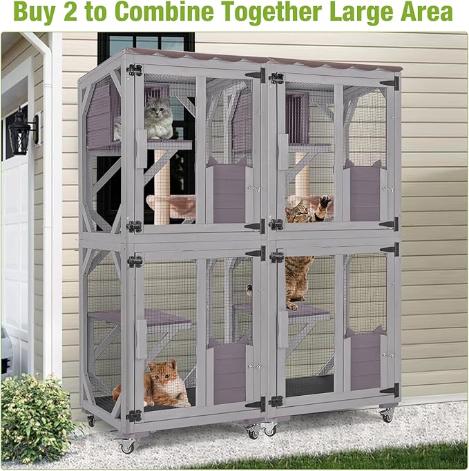 GUTINNEEN Catio Outdoor Cat Enclosure Mobile Cat House Indoor On Wheels with Scratch Post, Hammock, Resting Box, Platform, Tarp Roof 62.8", Grey