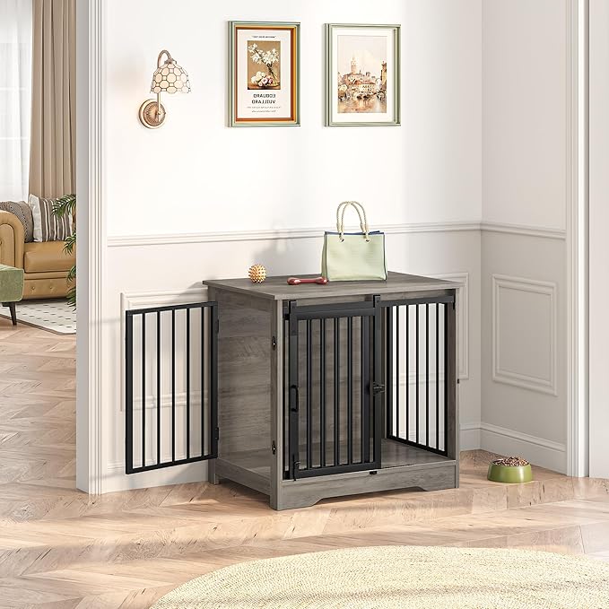 27.2" Dog Crate Furniture with Barn Door, Heavy Duty Dog Kennel Indoor with 2 Doors, Wooden Pet Cage End Table for Small Medium Dogs up to 22 lb, Anti-Chew Anti-Escape, Greige DFC84305B