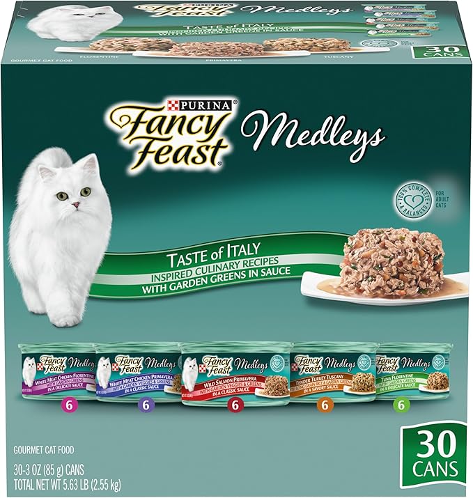 Purina Fancy Feast Wet Cat Food Variety Pack, Medleys Taste of Italy With Garden Greens in Sauce - (Pack of 30) 3 oz. Cans