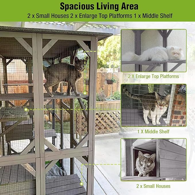 GUTINNEEN Catio Outdoor Cat Enclosure Large Walk in Window Cat House for Mulitiple Cats with 7 Platforms and 2 Resting Box,Asphalt Roof,70 inch