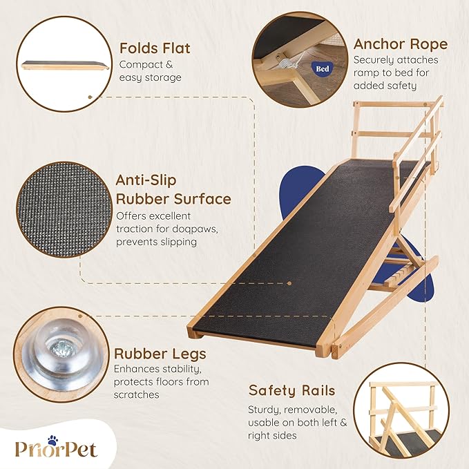 Dog Ramp for Bed with Safety Rails for High Beds up to 37" – Extra Wide 19.5" Adjustable Dog Bed Ramp for Large Dogs up to 200 lbs – Solid Birchwood, Non-Slip Rubber Surface, Foldable Design – Natural