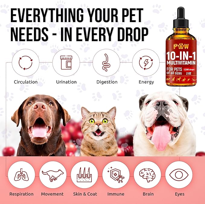 Liquid Multivitamin for Dogs with Glucosamine – Help with Allergies & UTIs – Dog Vitamins and Supplements – Cat Multivitamin for Hips & Joints – B, C & D3 for Coat Shining & Digestion – 2 oz