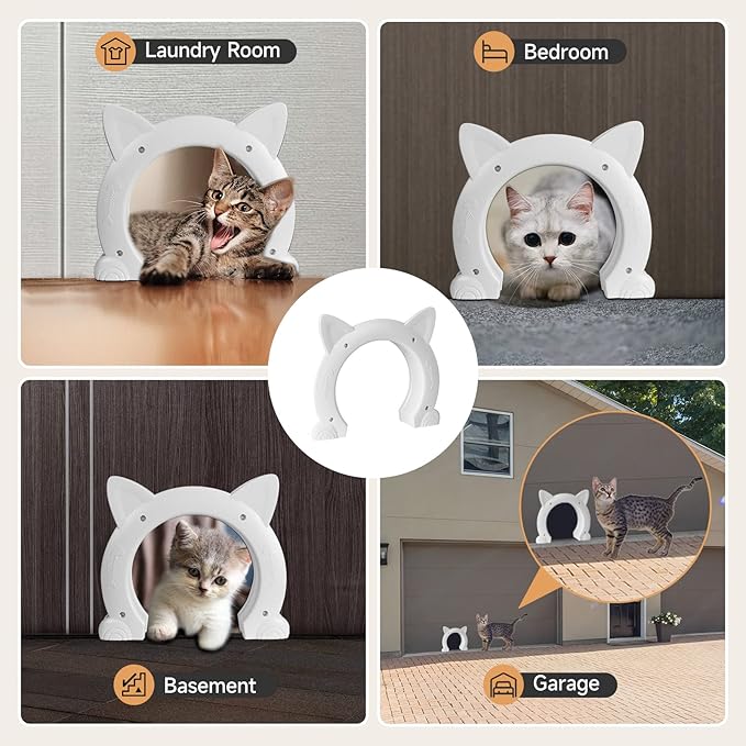 Cat Door Interior Door for Kitties, Pet Door for Hollow Door, Kitty Door, Indoor, Secured Installation in Minutes, No-Flap（White）