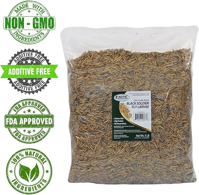 Exotic Nutrition 60 LB Bulk Dried Black Soldier Fly Larvae - High-Calcium Insect Treat - Chickens, Wild Birds, Bluebirds