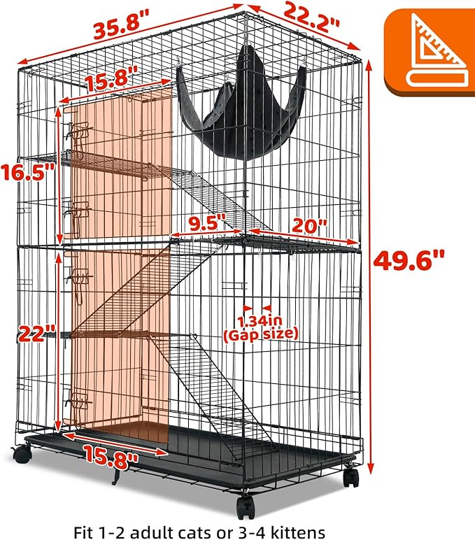 Homey Pet 50 Inch Cat Cages Indoor, Large 4-Tier Cat Crates for Indoor Cats, Collapsible Metal Wire Cat Kennel Big Multi-Level Cat Cage for Adult Cats Kitten Kitty with Hammock, Ramp, 360° Wheels