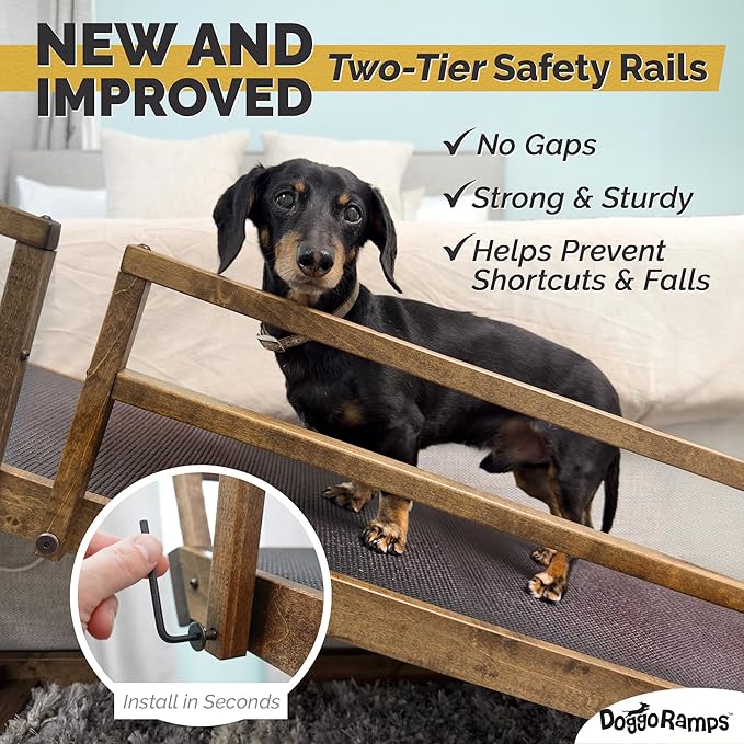 DoggoRamps Bed Ramp for Small Dogs - Solid Hardwood - Adjustable up to 37" Tall Beds with Safety Rails & Anti-Slip Grip - Made in North America Walnut