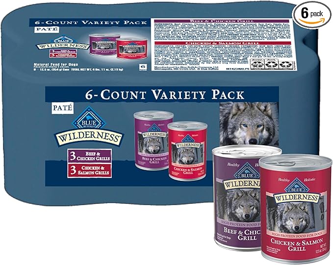 Blue Buffalo Wilderness High Protein Beef and Chicken & Salmon and Chicken Wet Dog Food Variety Pack for Adult Dogs, Grain-Free, 12.5 oz Cans (6 Pack)