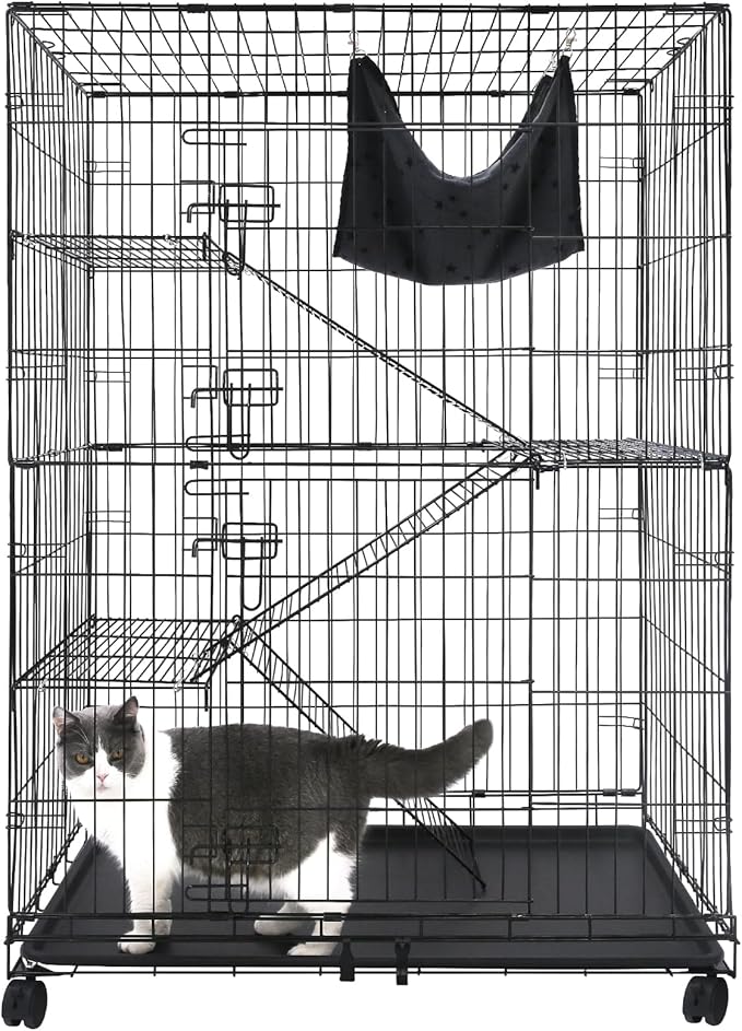 Homey Pet 50 Inch Cat Cages Indoor, Large 4-Tier Cat Crates for Indoor Cats, Collapsible Metal Wire Cat Kennel Big Multi-Level Cat Cage for Adult Cats Kitten Kitty with Hammock, Ramp, 360° Wheels