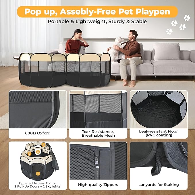 EighteenTek® 2-in-1 Pop Up Cat Playpen XLarge, Dog Puppy Pet Playpen, Indoor Outdoor Cats Enclosed, Cat Tent House Crate Cage, Portable & Foldable Playpen for Kittens(No Divider, Unified Space)