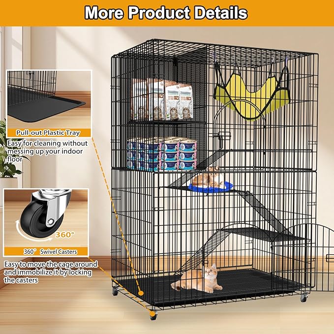 Extra Large Collapsible Cat Cage Indoor with Storage Cube, 4-Tier Cat Crate Black Metal Cat Enclosure with 360° Rotating Casters & Hammock for Kittens, Small Animals