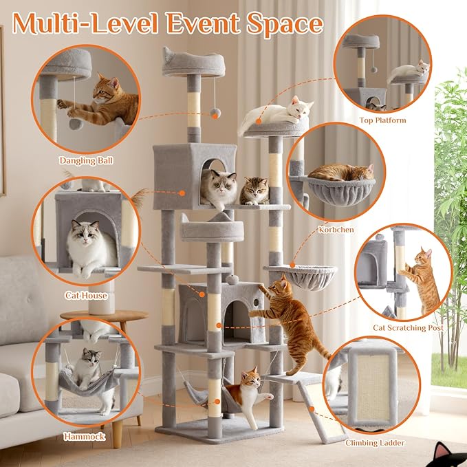 Sweetcrispy Cat Tree 75 Inch, Large Multi-Level Tall Cat Tree Tower with Condo, Perches, Sisal Scratching Posts Board and Hammock, Pet Play House with Dangling Balls for Indoor Cats, Light Grey