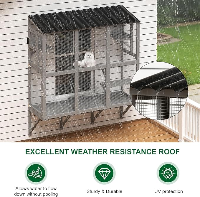 Window Box Enclosure, All-Weather Cat Catio for Multiple Indoor Cats, Wooden Window Catio with 4 Platforms & 3 Doors, Expandable Pet Perch House for Sunbathing